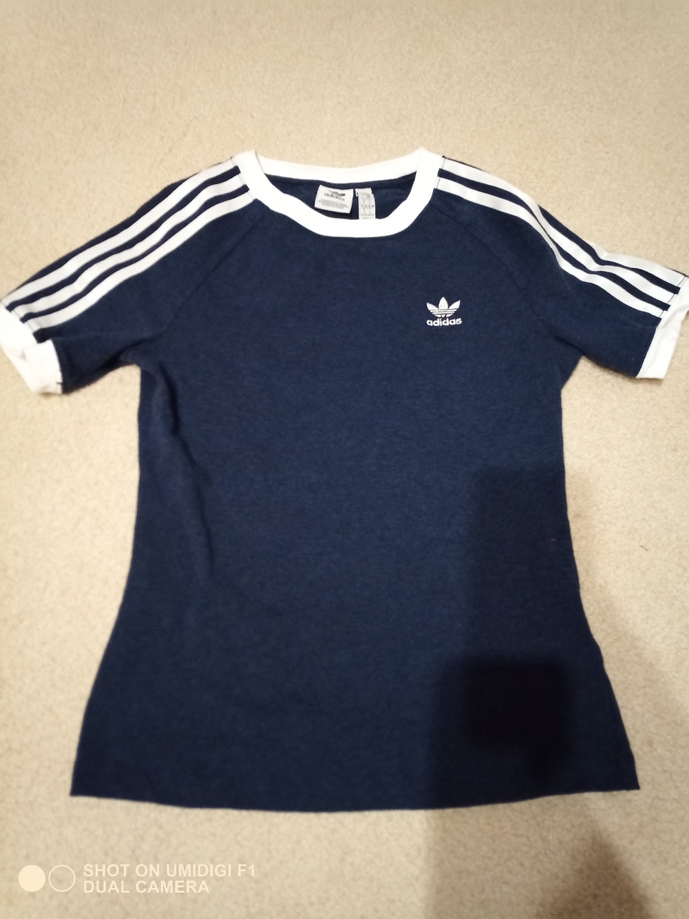 Adidas Navy Blue Short Sleeve Tee with White Stripes Size Small Fit Extra Small